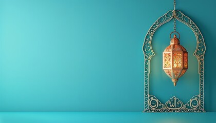 Elegant Ramadan background with illuminated lantern and arabic ornament on blue wall, copy space for text, banner design.