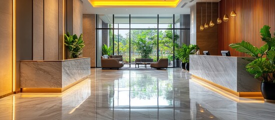 Sticker - Modern lobby interior with marble floor and reception desk, featuring large windows overlooking a green outdoor area.