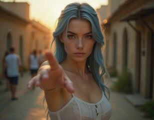 a young woman with blue hair extends her hand, inviting the viewer into her world.