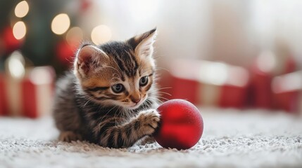 Wall Mural - young kitten cat playing with a red christmas ball on the floor