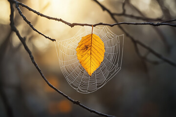 Single autumn leaf caught in a delicate spider web, backlit by warm sunlight, symbolizing the fragility and beauty of nature's moments