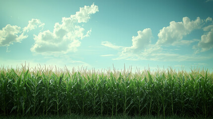 Lush green cornfield stretches under bright blue sky with fluffy clouds, creating serene and peaceful landscape. vibrant colors evoke sense of tranquility and connection to nature