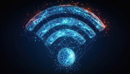 Wall Mural - Wifi signal forming from glowing network nodes on dark blue