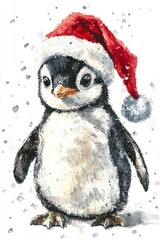 Wall Mural - a cute little penguin in a red santa hat - pastel watercolor illustration