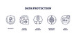 © VectorMine - Outline icons representing security, access control, cloud security, biometric security, and data privacy, outline icons set, transparent background.