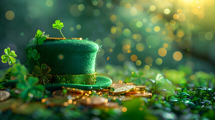 Four-leaf green clover hat and gold coins for good luck on St. Patrick's Day, bright green background, spring holiday concept, symbol of plant clover