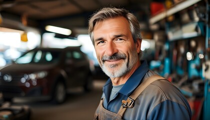 Wall Mural - Cheerful mature mechanic posing confidently in bustling auto repair workshop