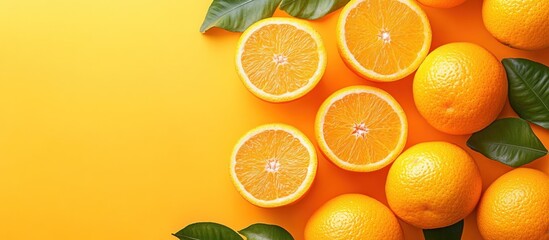 Poster - Orange slices and whole oranges with green leaves on a yellow background.