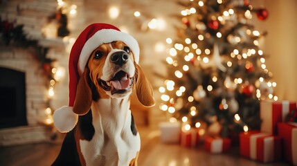 Cute dog wearing a Santa hat sitting by a decorated Christmas tree with glowing lights, creating a festive and playful holiday scene