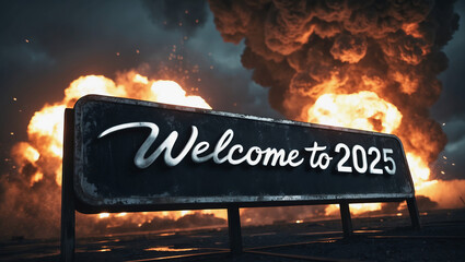 Road banner with the new year 2025 on the background of explosions