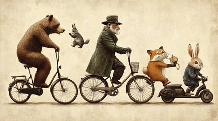 A brown bear is riding a bike. A fox, monkey, hippo, and rabbit are on a scooter. An old man in a hat and coat looks like he's from a long time ago. The picture looks like a vintage drawing.