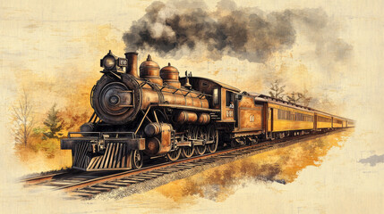 A detailed, hand-drawn picture of an old steam train on American tracks. The image has a vintage style and evokes a feeling of retro transportation.