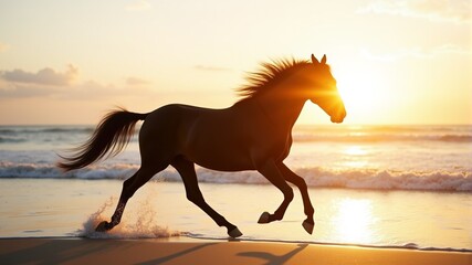 Wall Mural - A brown horse trots along the beach against the background of the sunset