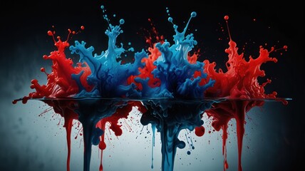 Sticker - A vibrant splash of blue and red paint against a black background. The paint is dripping down, creating a dynamic and abstract composition.