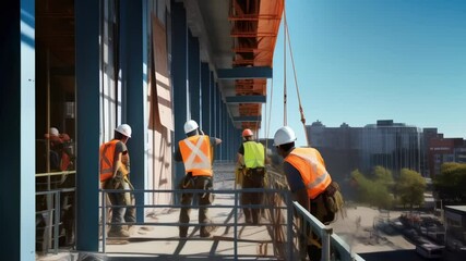 Poster - Construction workers wearing safety gear and hard hats standing on scaffolding of building under construction discussing work