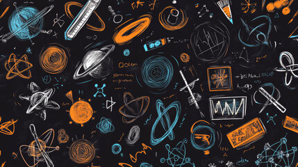 Poster - A collection of science symbols, formulas, and experiments.This doodle-style design explores topics like atoms, magnetism, and mechanics.Perfect for a science classroom, lab, or educational resource.