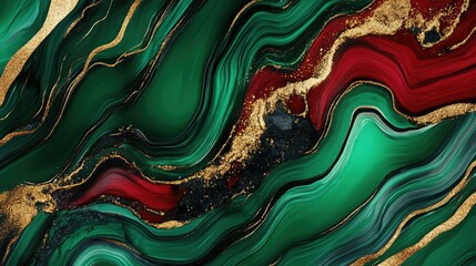 luxurious abstract design featuring flowing emerald green, red, and gold accents. The dynamic composition creates an elegant and vibrant visual