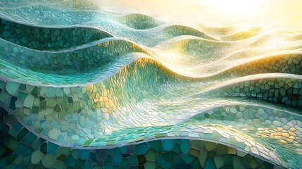 A fluid mosaic design of rounded sea-glass tiles, seafoam green and lavender hues flowing like ocean waves, softly lit with natural light, surrealist style rendering