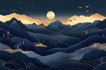 Wall Mural - Abstract mountain landscape at night with full moon and golden accents
