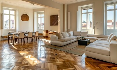 Spacious modern living room with large windows and wooden parquet flooring. Contemporary interior design.