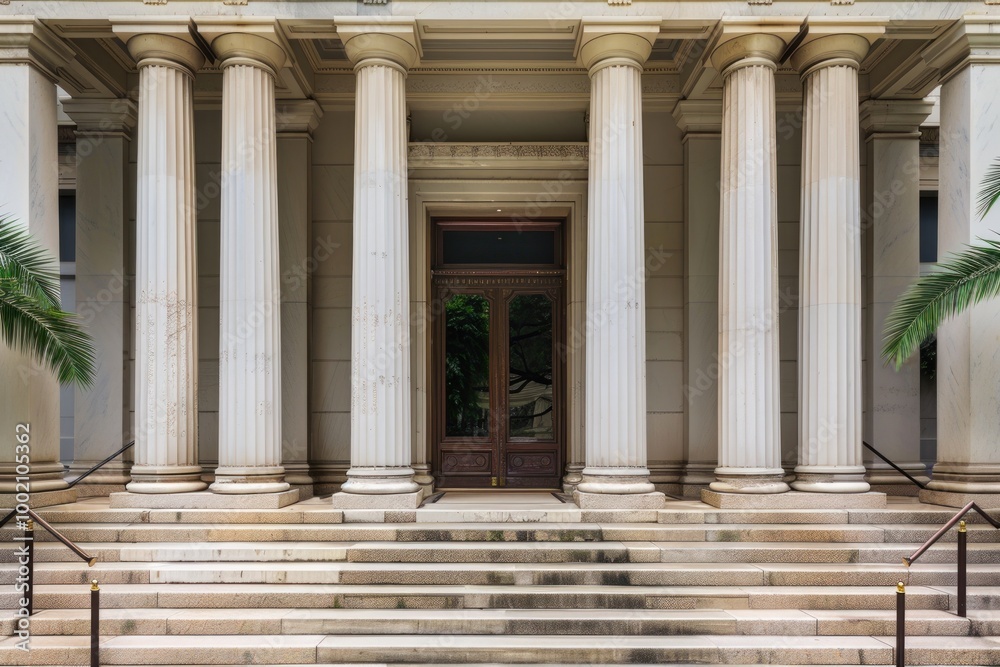 Entrance of a classical building with tall columns and stone steps ...