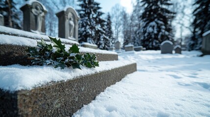 Canvas Print - Snowy winter cemetery with holly