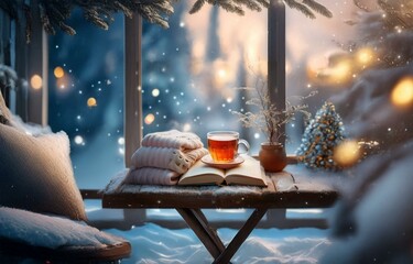 A warm cup of tea sits on an open book atop a wooden table, nestled inside a cozy window seat with a snowy view and twinkling lights outside.