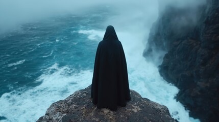 Poster - Mysterious figure standing on cliff overlooking stormy ocean