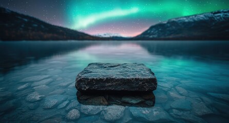 Poster - Stunning northern lights over serene mountain lake