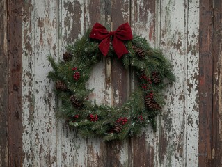 Poster - festive christmas wreath on rustic wooden door