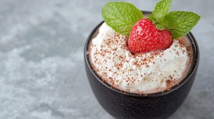 Canvas Print - Delicious chocolate mousse dessert with fresh strawberry and mint leaves