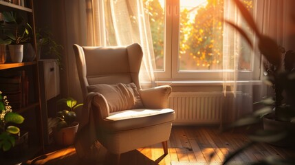 Wall Mural - Cozy Armchair by Sunlit Window in Warm Room