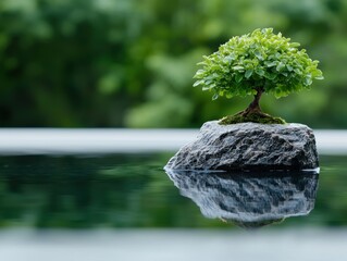 Poster - Miniature tree growing on rock in calm water