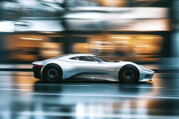 A silver sports car speeds down a city street, leaving a blur of motion in its wake.