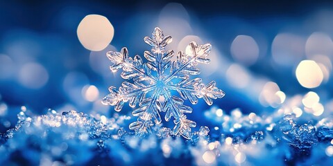 macro snow flake sparkling on a blue glitter background