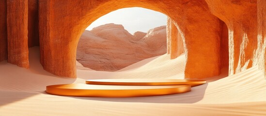 Wall Mural - Two golden podiums sit in a desert cave opening with a view of sand dunes.