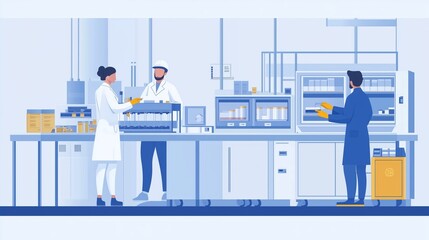 Poster - laboratory professionals conducting experiments and analyzing samples in a modern research facility 
