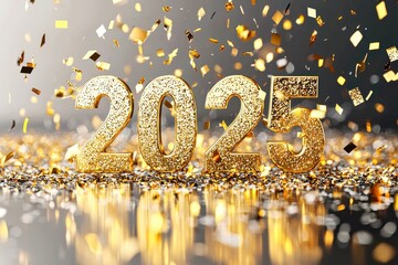 Golden 2025 numbers celebrating new year eve with falling confetti