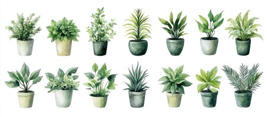 Canvas Print - Watercolor illustration of 12 potted plants in a row.