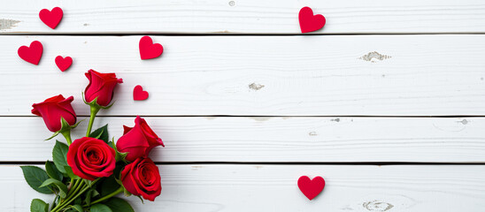 Wall Mural - Red roses and hearts on a white wooden background