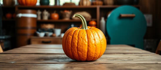 Wall Mural - Single Pumpkin on Wooden Table