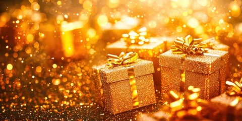 Wall Mural - golden christmas presents sparkling on a festive background