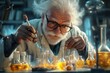 © Nataliia_Trushchenko - Man in a lab coat is working with a beaker. He is wearing glasses and has a beard. Crazy scientist nutty professor is doing experiment for science