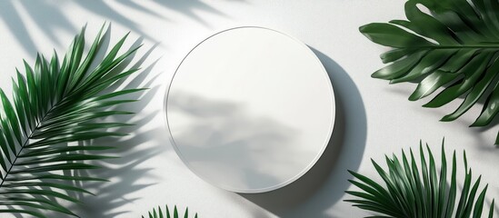 Wall Mural - White round platform on white background with palm leaves around.