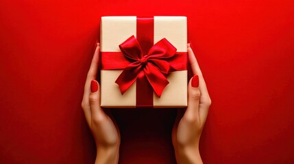 Woman holding red gift box with beautiful bow on red background