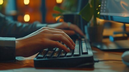 Poster - Focused Hands Typing on Keyboard at Cozy Workspace