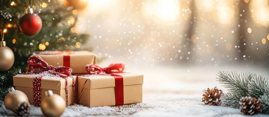 Wall Mural - Wrapped presents with red ribbon under Christmas tree with ornaments and pine cones on snow.