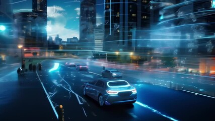 Poster - Futuristic driverless vehicles driving on a city highway at night, surrounded by neon lights and interconnected by artificial intelligence