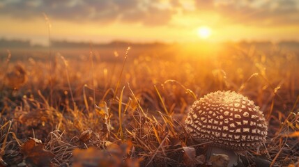 Wall Mural - Mushroom in golden sunlight at sunset in field