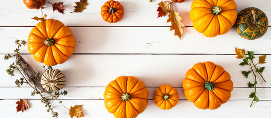 Wall Mural - Autumnal Pumpkins on White Wooden Background